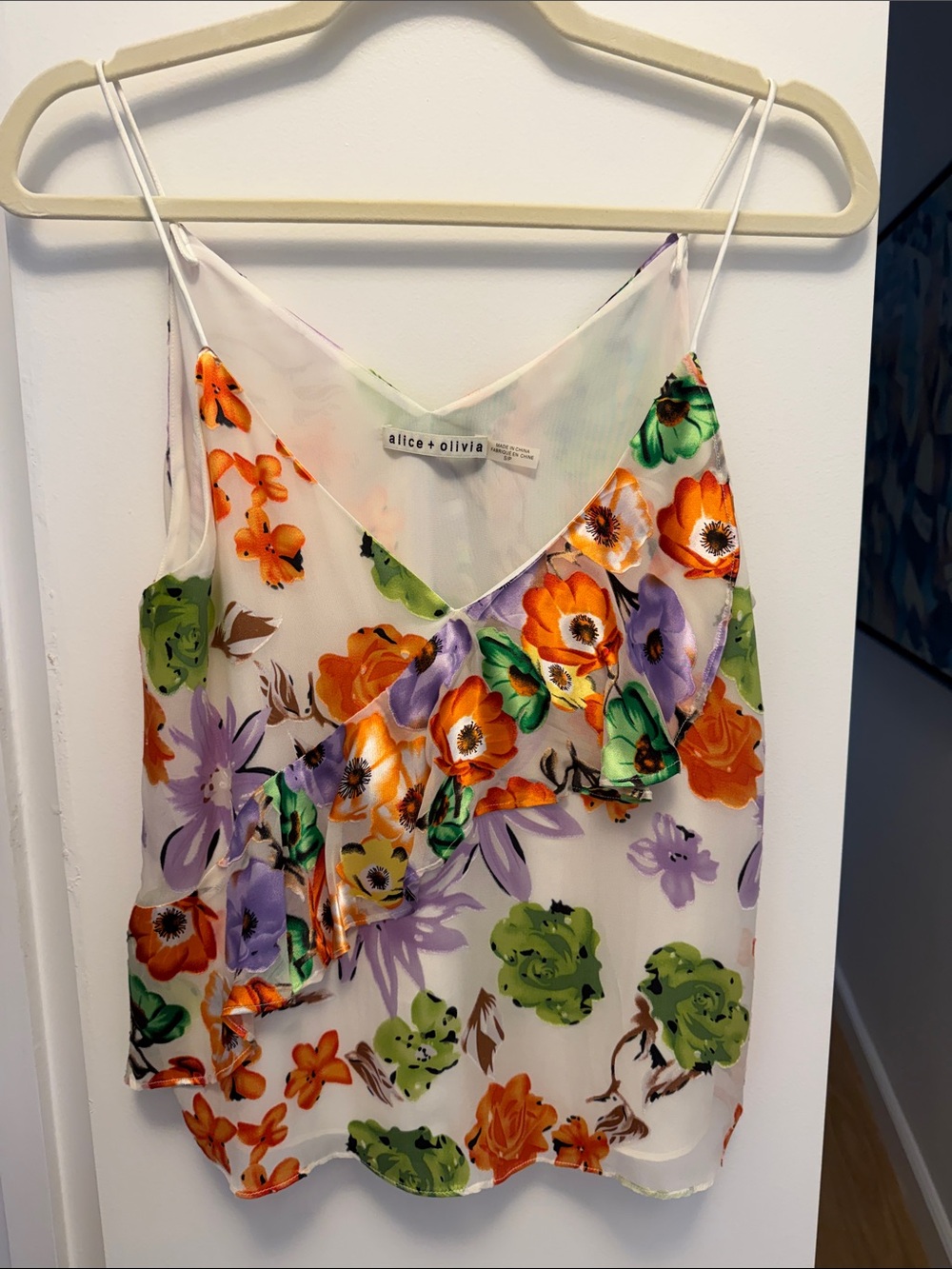 Alice + Olivia White Floral Ruffle Silk Cami with Orange, Purple & Green